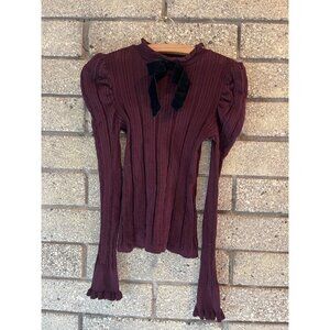 Zara Burgundy Knit Top With Velvet Bow & Puff Sleeves Womens M